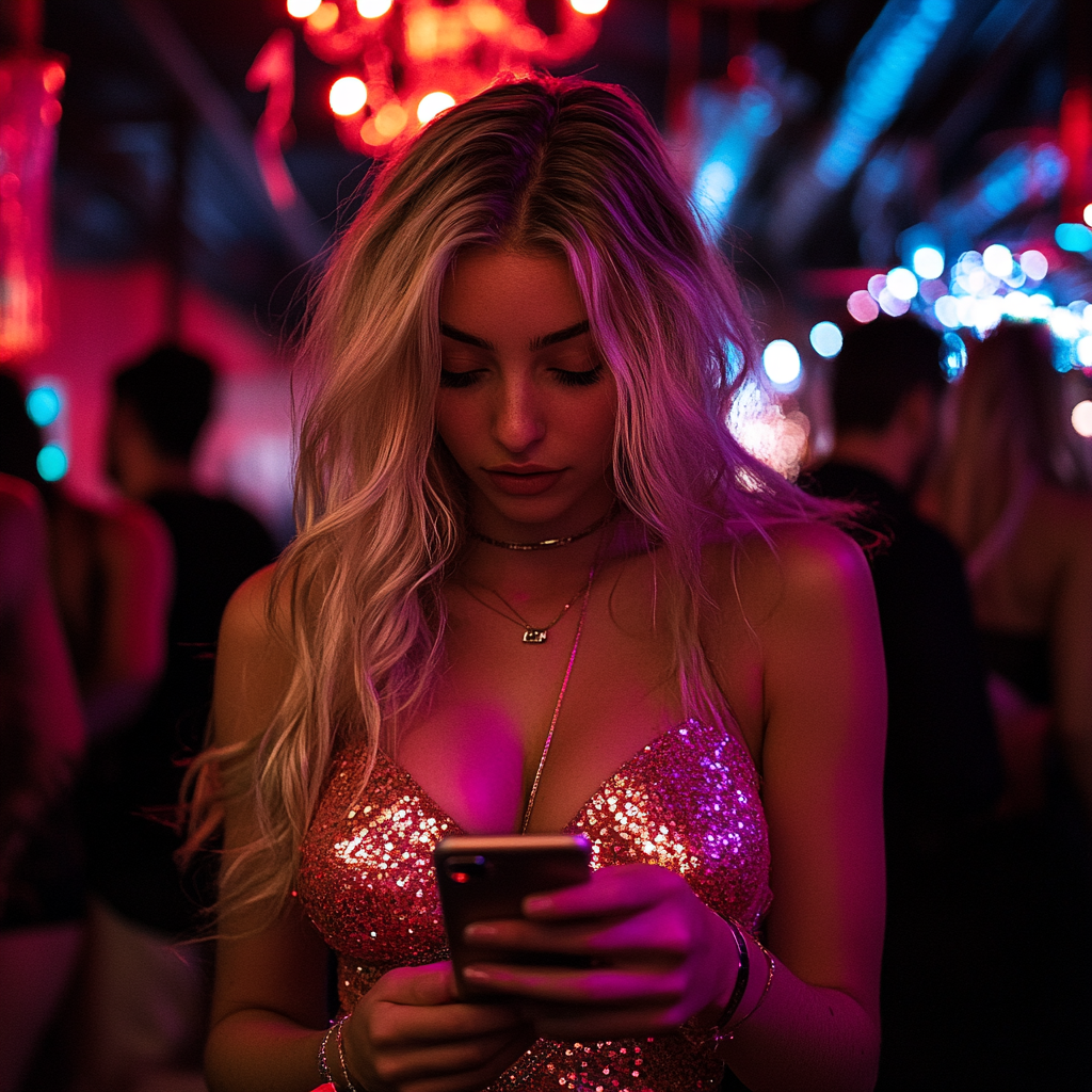 A beautiful woman at a party scrolling through her phone | Source: Midjourney