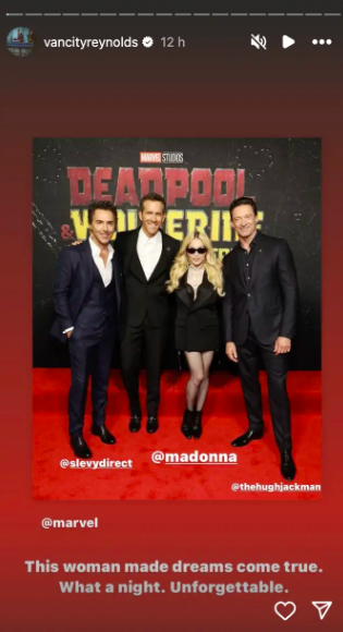 Shawn Levy, Ryan Reynolds, Madonna and Hugh Jackman at the premiere of "Deadpool & Wolverine," posted on July 23, 2024 | Source: Instagram/vancityreynolds