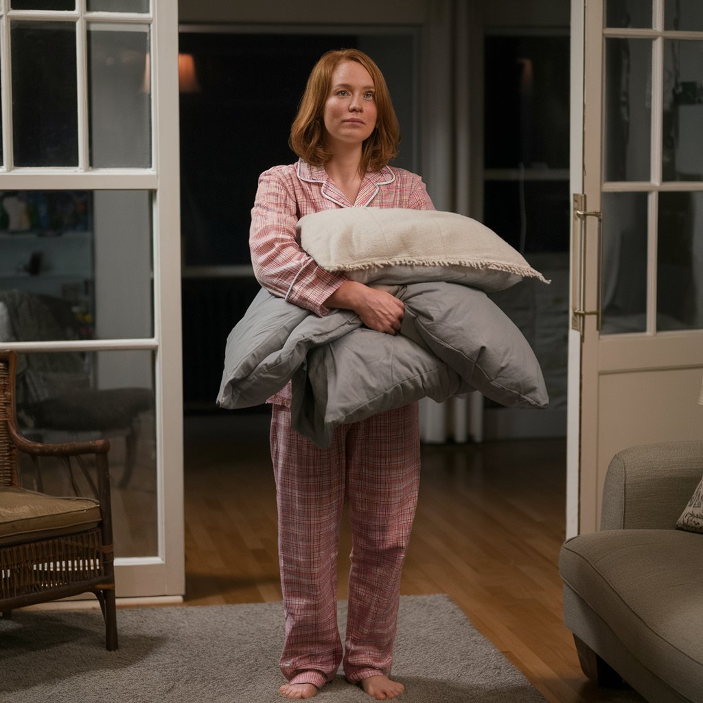 A barefoot woman in pyjamas, bearing a pillow and blanket | Source: Midjourney