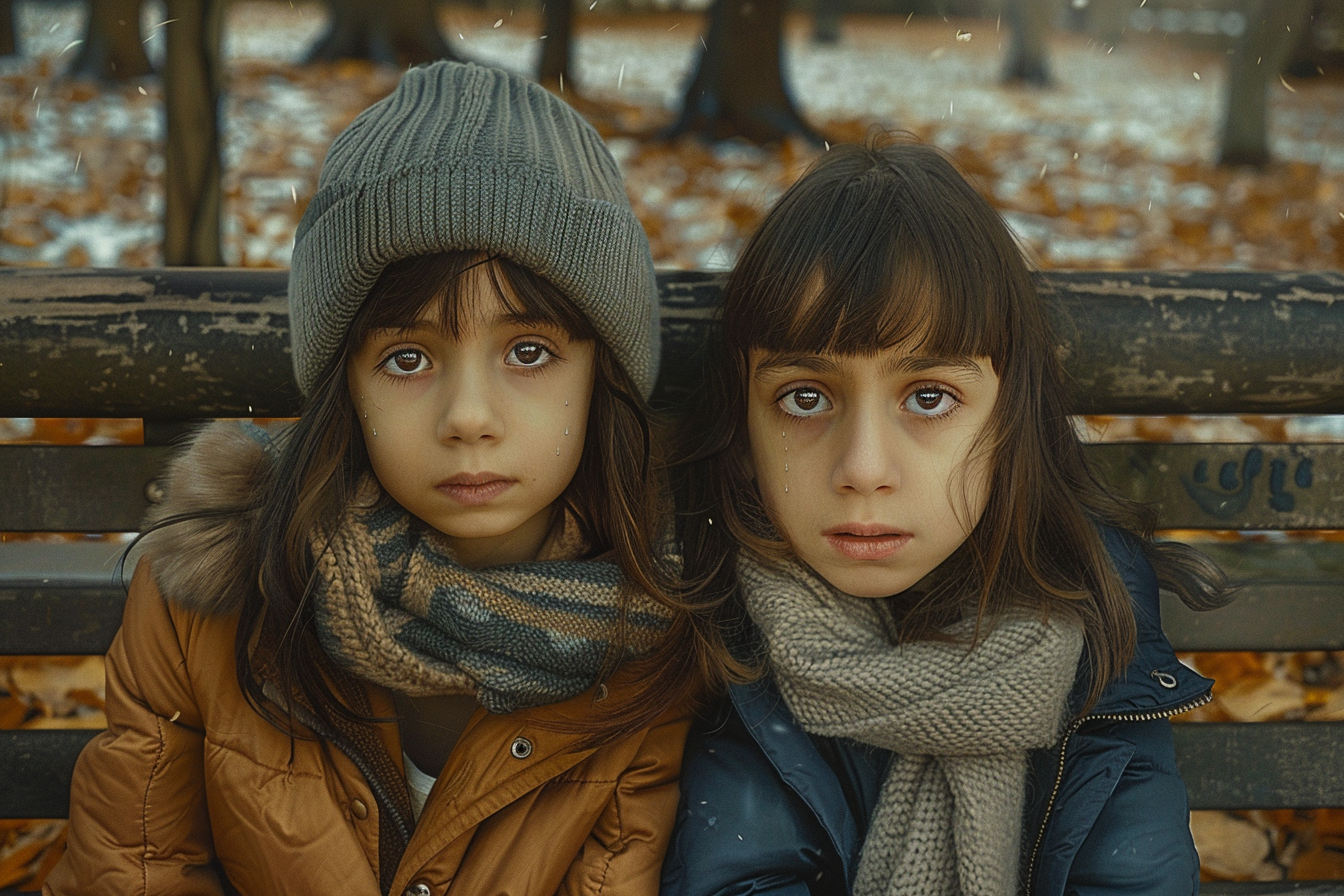 Two sad girls sitting on a park bench | Source: Midjourney