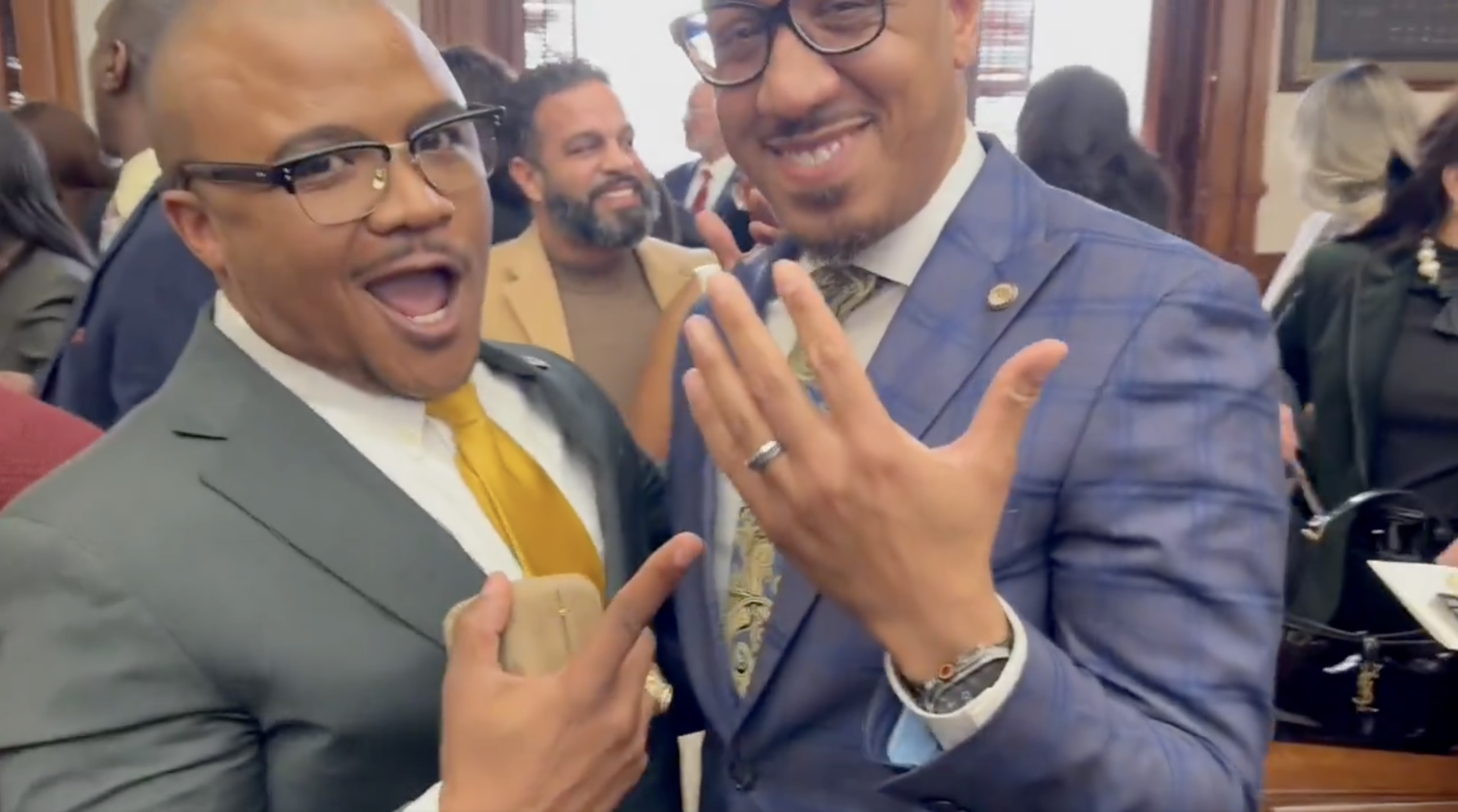 An excited Venton Jones points toward Gregory Scott Jr. as he shows off his engagement ring, as seen in a video dated January 14, 2025 | Source: X/JasonWhitely