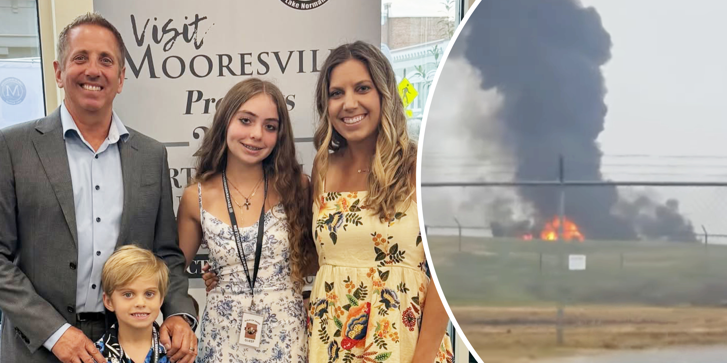 Greg Biffle, his wife Cristina, and their children, Emma and Ryder | the scene of the jet crash on the right | Source: Instagram/cristinagbiffle | YouTube/WCNC