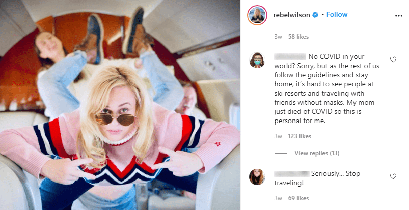 Instagram users comment on Rebel Wilson's picture taken during a flight on a private jet on December 23, 2020. | Source: Instagram/rebelwilson.