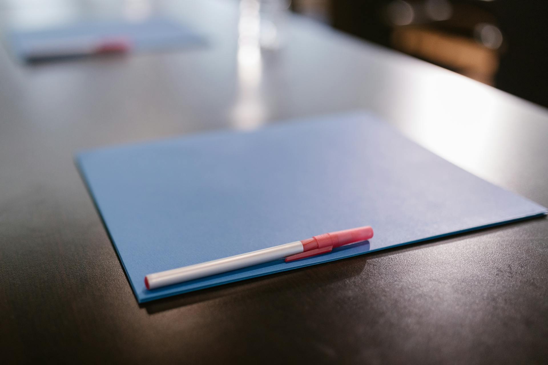 A blue file and a pen on the table | Source: Pexels