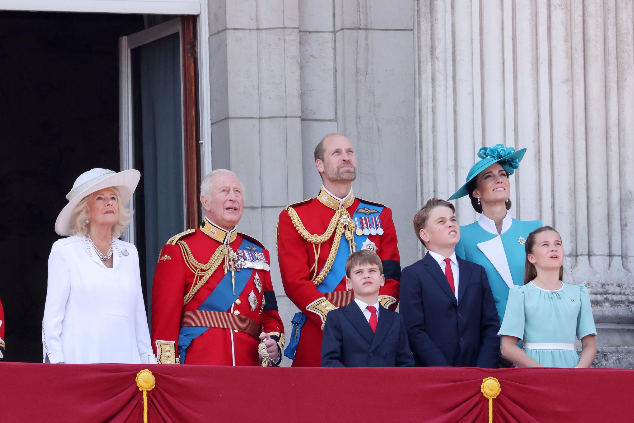 Queen Camilla, King Charles III, Prince William, Prince Louis, Prince George, Princess Catherine, and Princess Charlotte. | Source: Getty Images