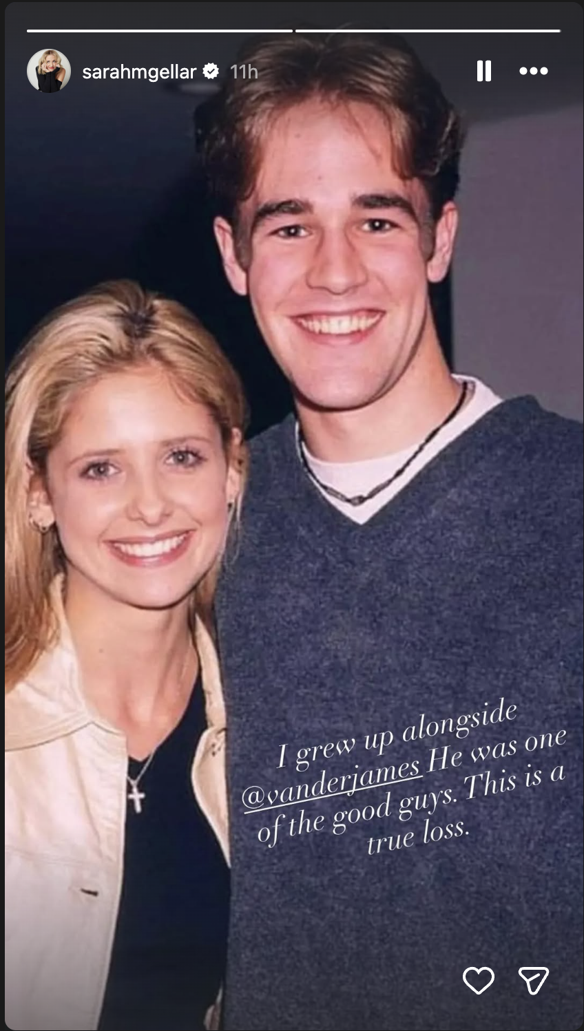 Sarah Michelle Gellar and James Van Der Beek in a throwback photo, posted on February 12, 2026. | Source: Instagram/sarahmgellar
