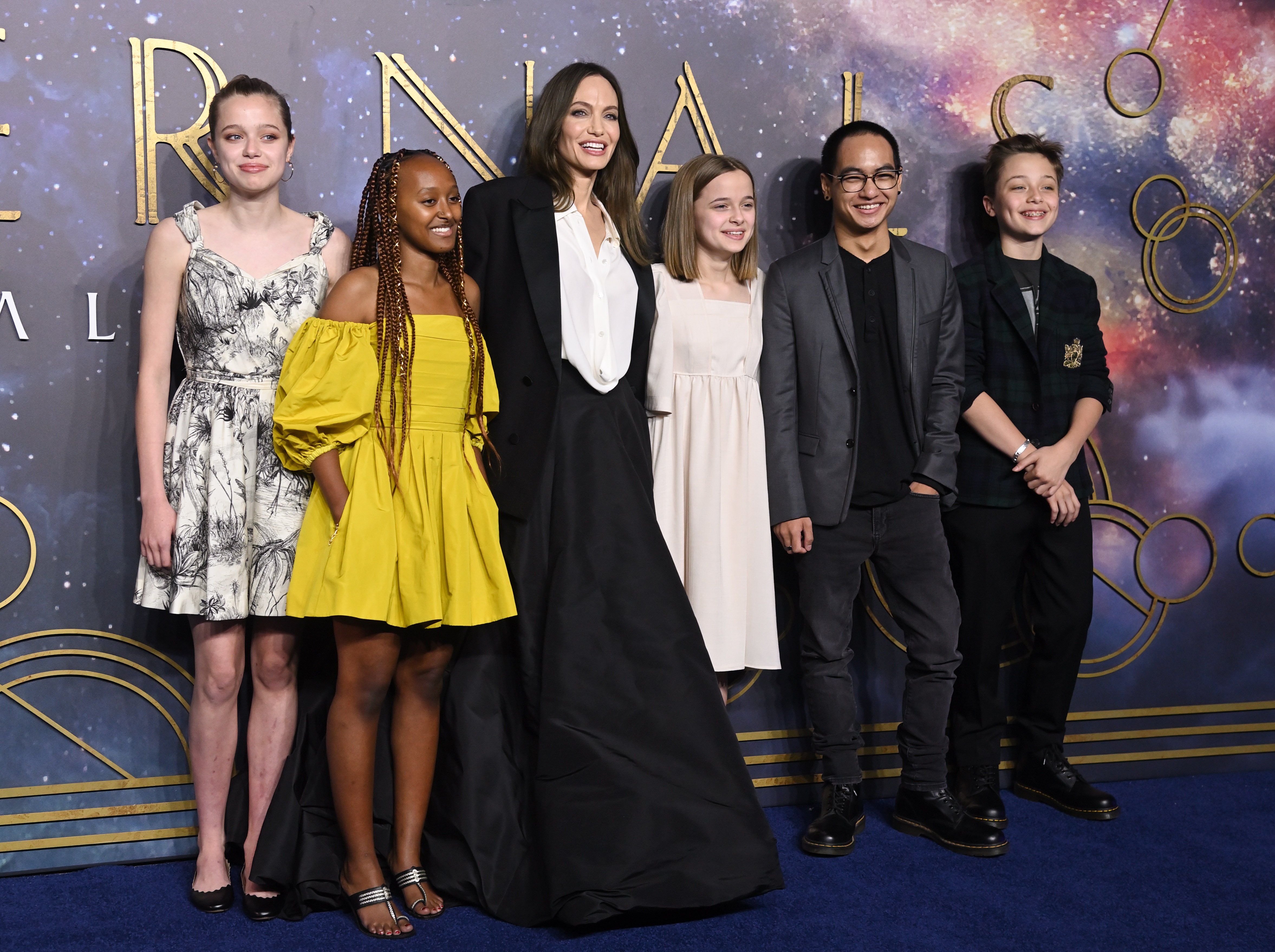 Shiloh Jolie, Zahara Jolie-Pitt, Angelina Jolie, and Vivienne, Maddox Jolie-Pitt and Knox Jolie-Pitt at the "The Eternals" UK premiere on October 27, 2021, in London, England | Source: Getty Images