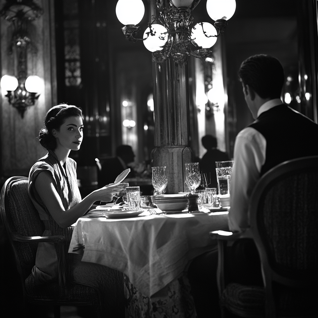 A woman and man enjoying their meal on a date | Source: Midjourney