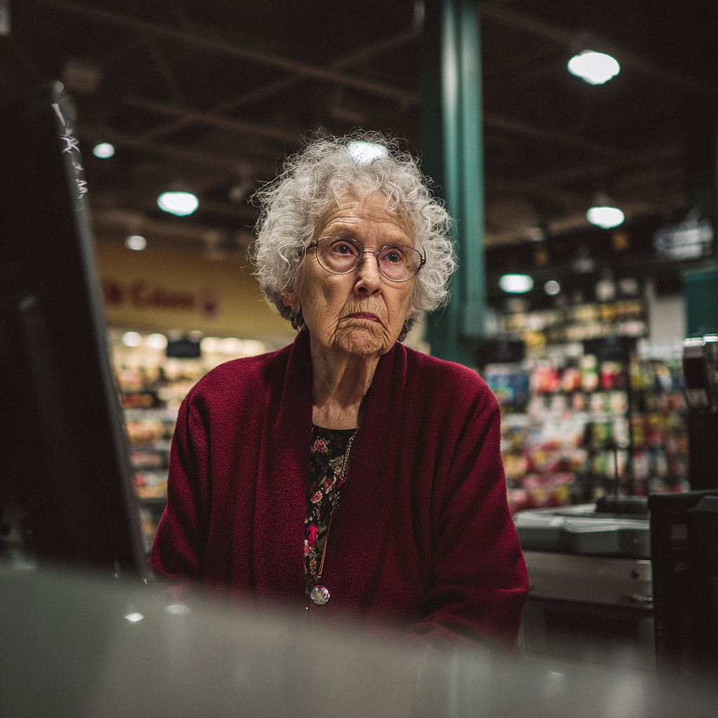 An old woman standing in a grocery store | Source: Midjourney