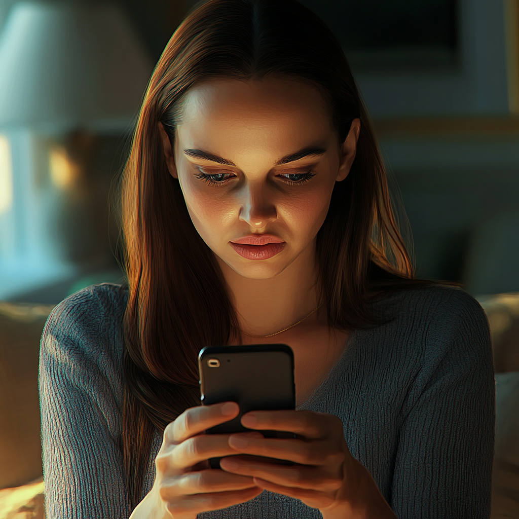 An anxious woman checking her phone | Source: Midjourney