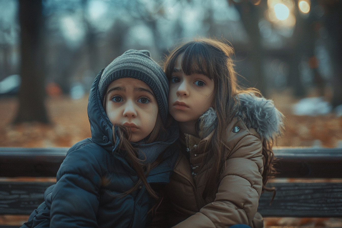 Two sad girls sitting on a park bench | Source: Midjourney