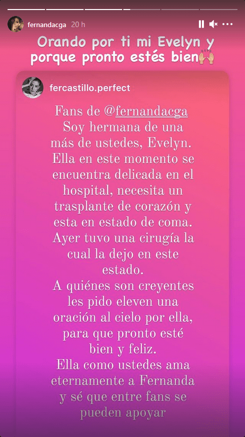 Mensaje compartido por Fernanda Castillo pidiendo oraciones por la salud de una fiel seguidora. | Foto: Historias de Instagram/fernandacga