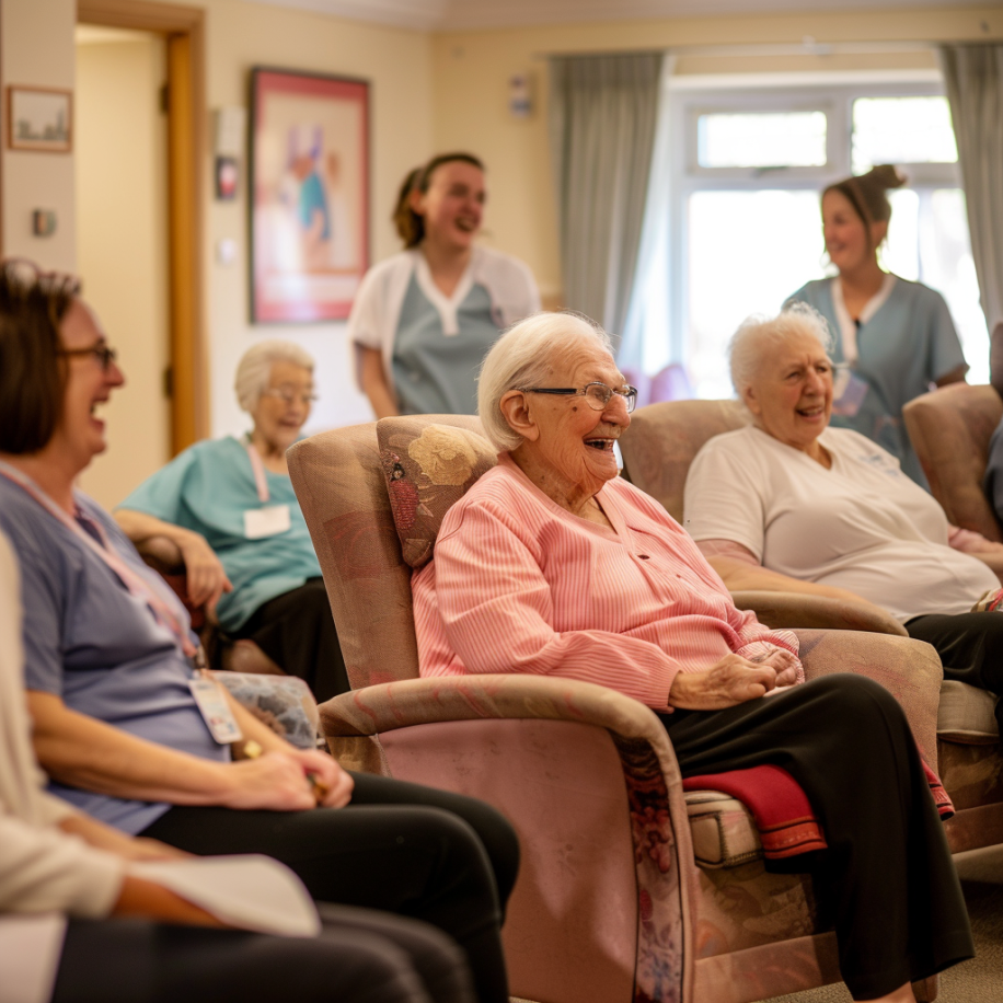 Senior citizens and staff members inside a nursing home | Source: Midjourney