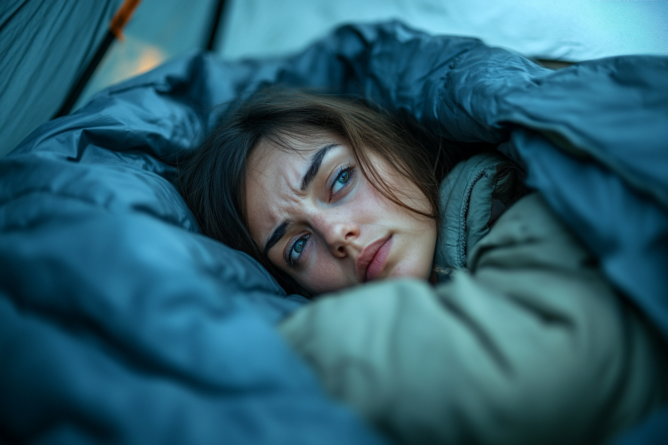 A woman listening to scary sounds outside her tent | Source: Midjourney