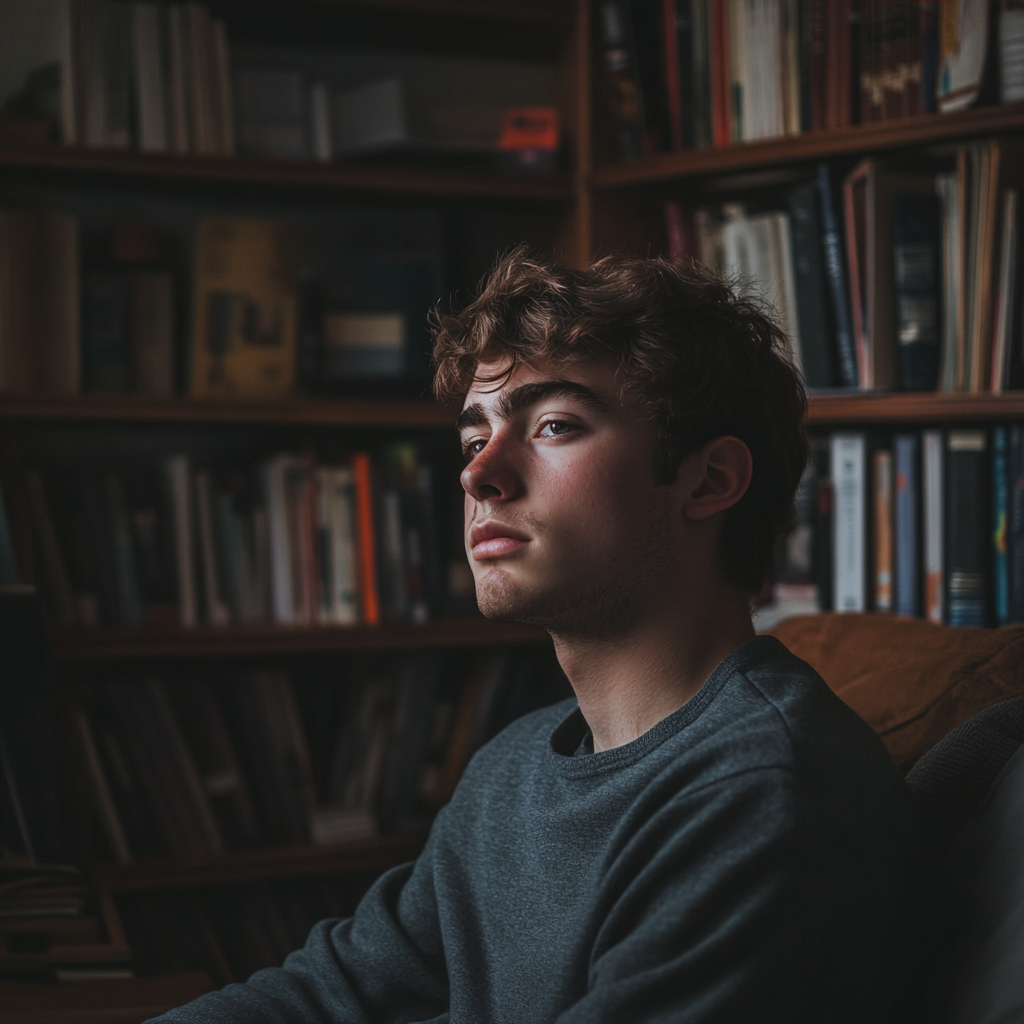 A thoughtful young man in his bedroom | Source: Midjourney