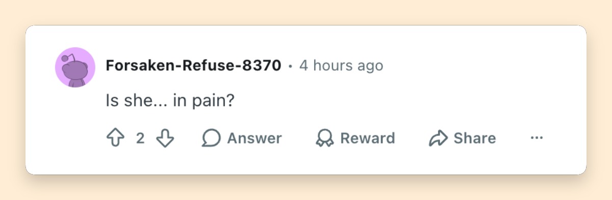 This Reddit comment summed up the concern some viewers expressed after seeing Hayek's latest event photos. Rather than focusing only on fashion, the discussion quickly turned to whether her styling appeared uncomfortable. | Source: Reddit/whatthefrockk