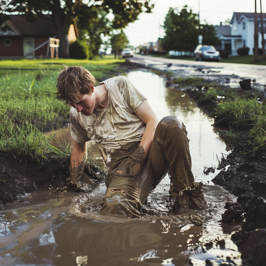 A young man falls into a puddle of muddy water | Source: Midjourney