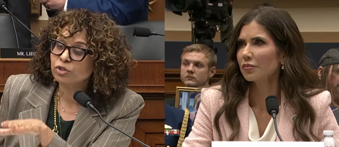 Representative Sydney Kamlager-Dove and Kristi Noem face each other across the committee room. | Source: YouTube/C-SPAN