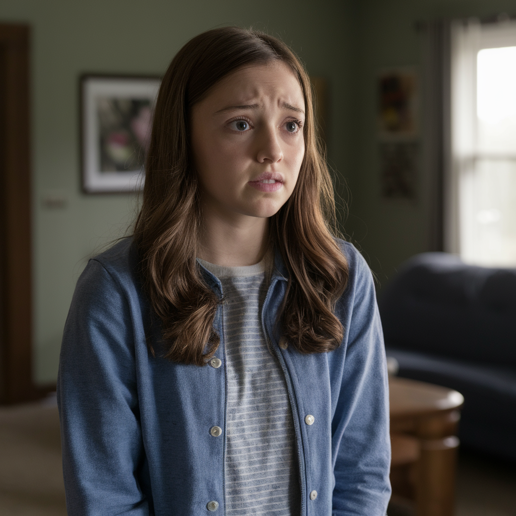 A worried-looking teenage girl in a living room | Source: Midjourney