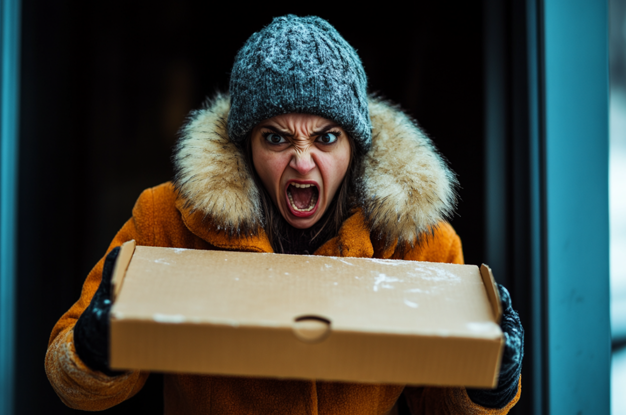 An angry woman holding a pizza box | Source: Midjourney