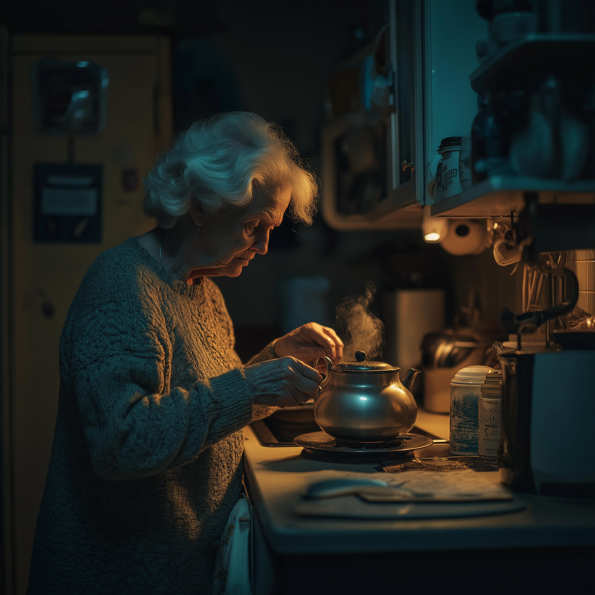 An elderly lady making tea in her kitchen at night | Source: Midjourney