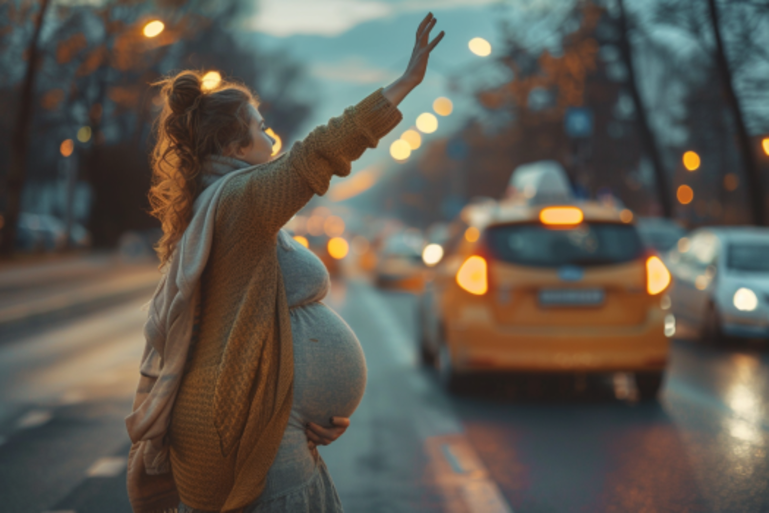 A woman waving at a taxi | Source: Midjourney