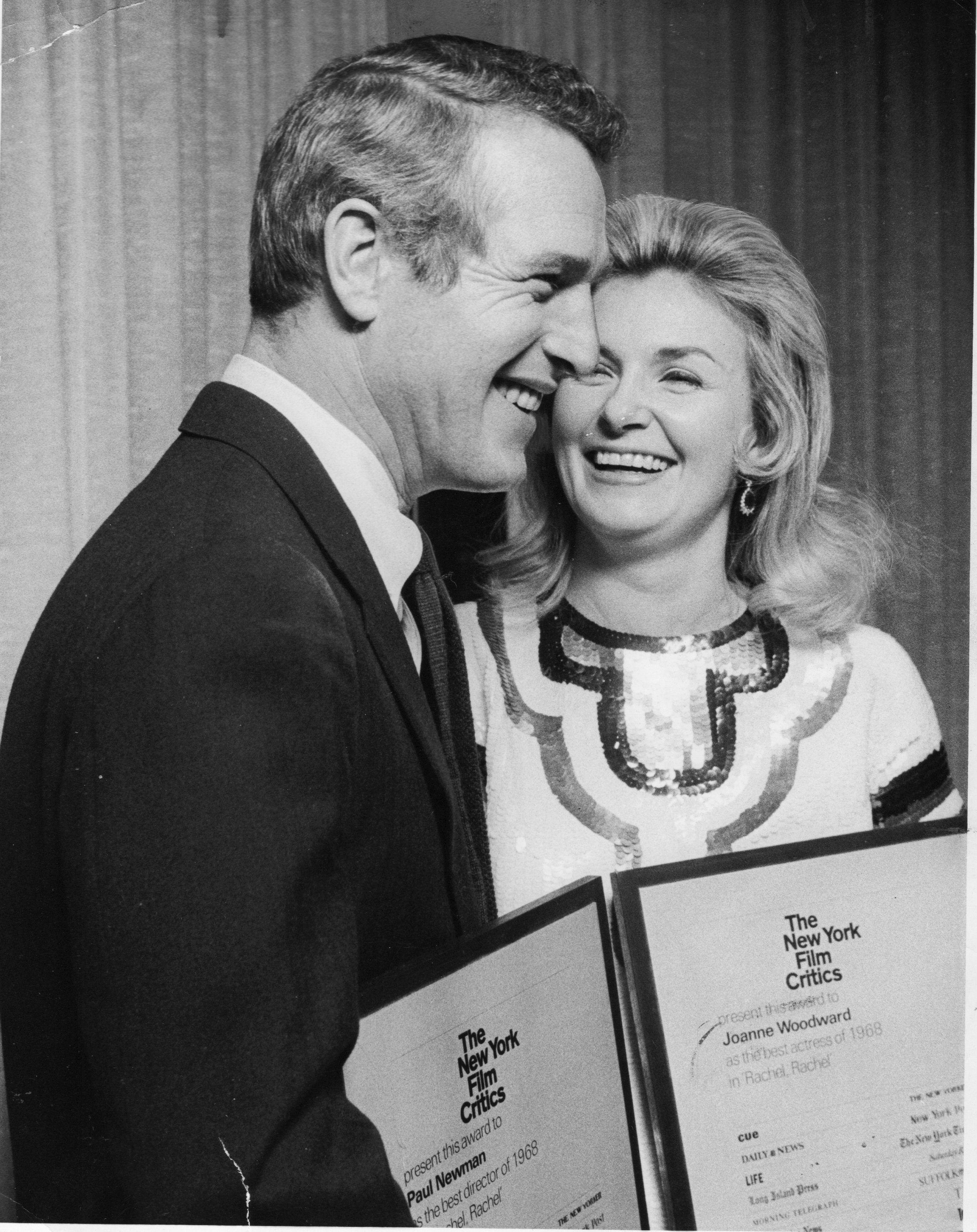Paul Newman and Joanne Woodward pictured together after they both received awards from the New York Film Critics at the Rainbow Room on January 26, 1969 in Manhattan. / Source: Getty Images