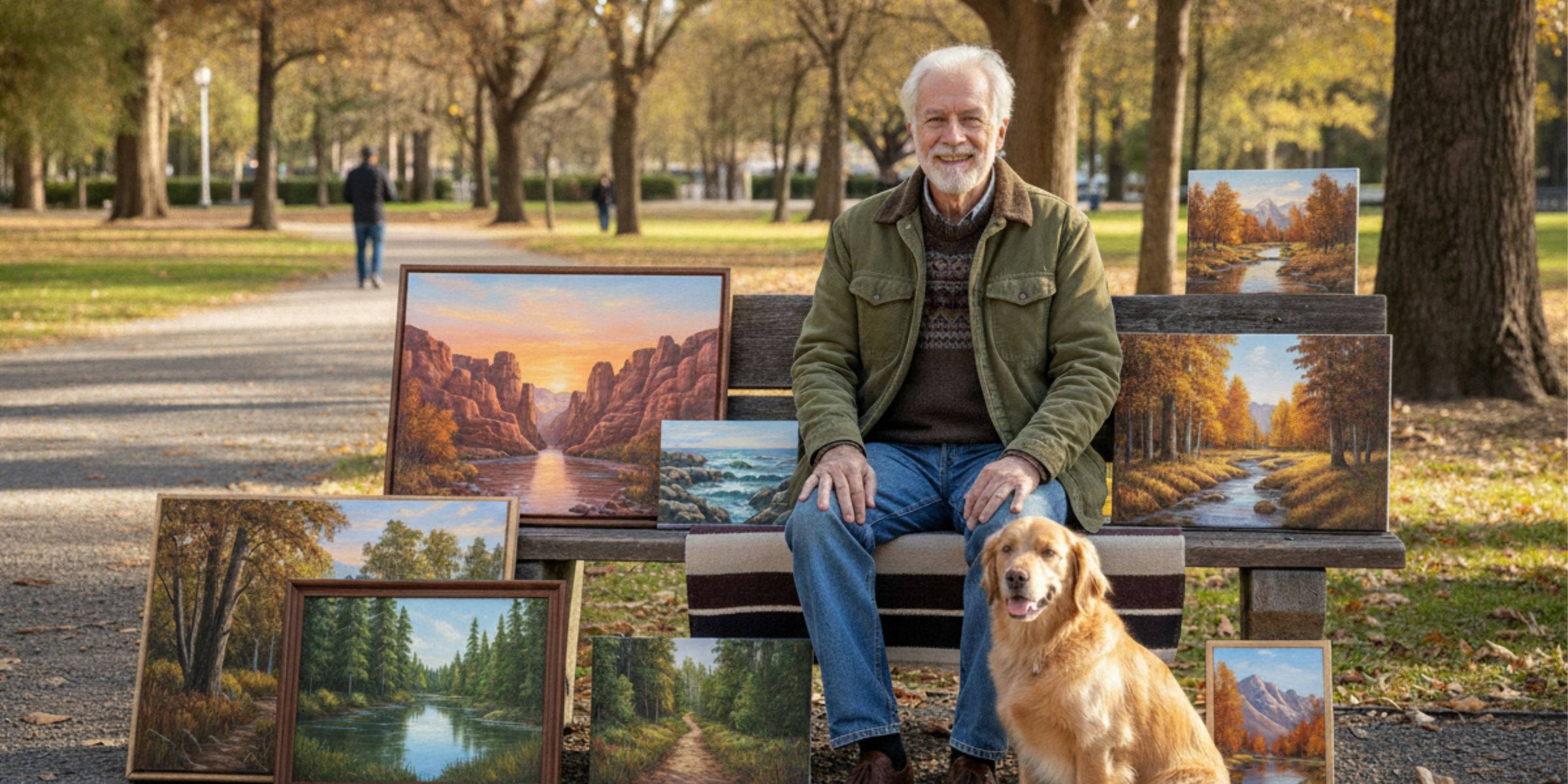 A man sitting in the park with his paintings and a dog | Source: Amomama