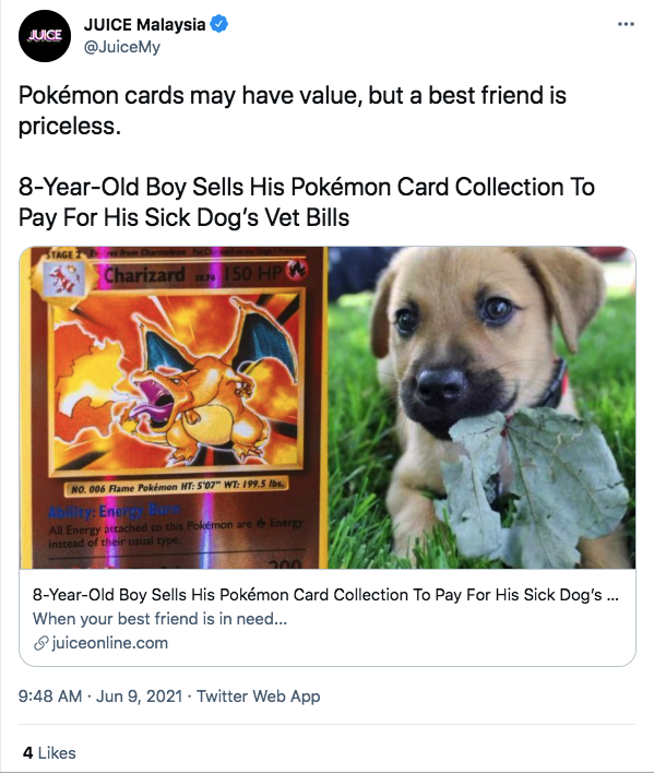 A screenshot of a Pokémon Card and a dog | Photo: twitter.com/JUICE Malaysia