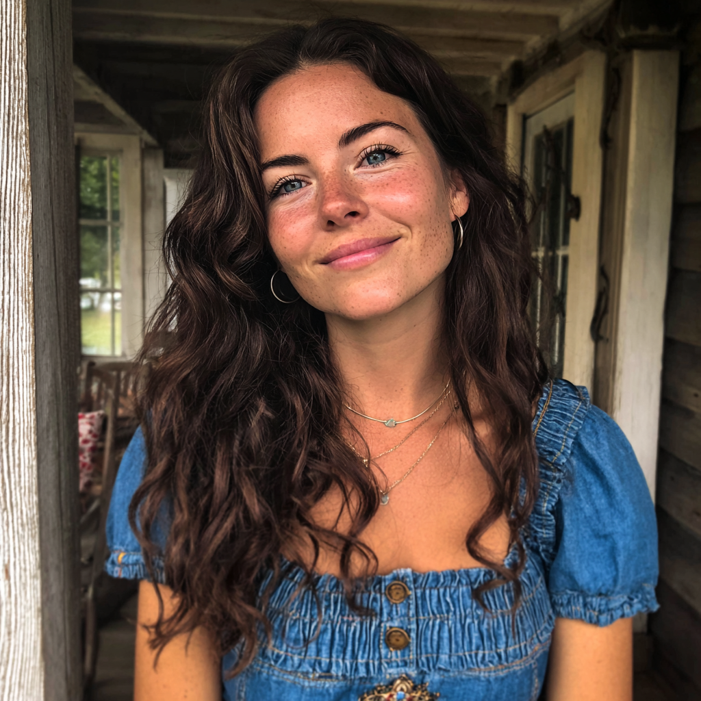 A smiling woman standing on a porch | Source: Midjourney