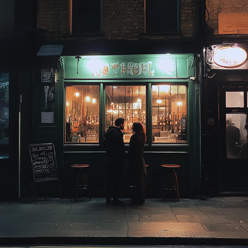 A couple standing outside a bar | Source: Midjourney