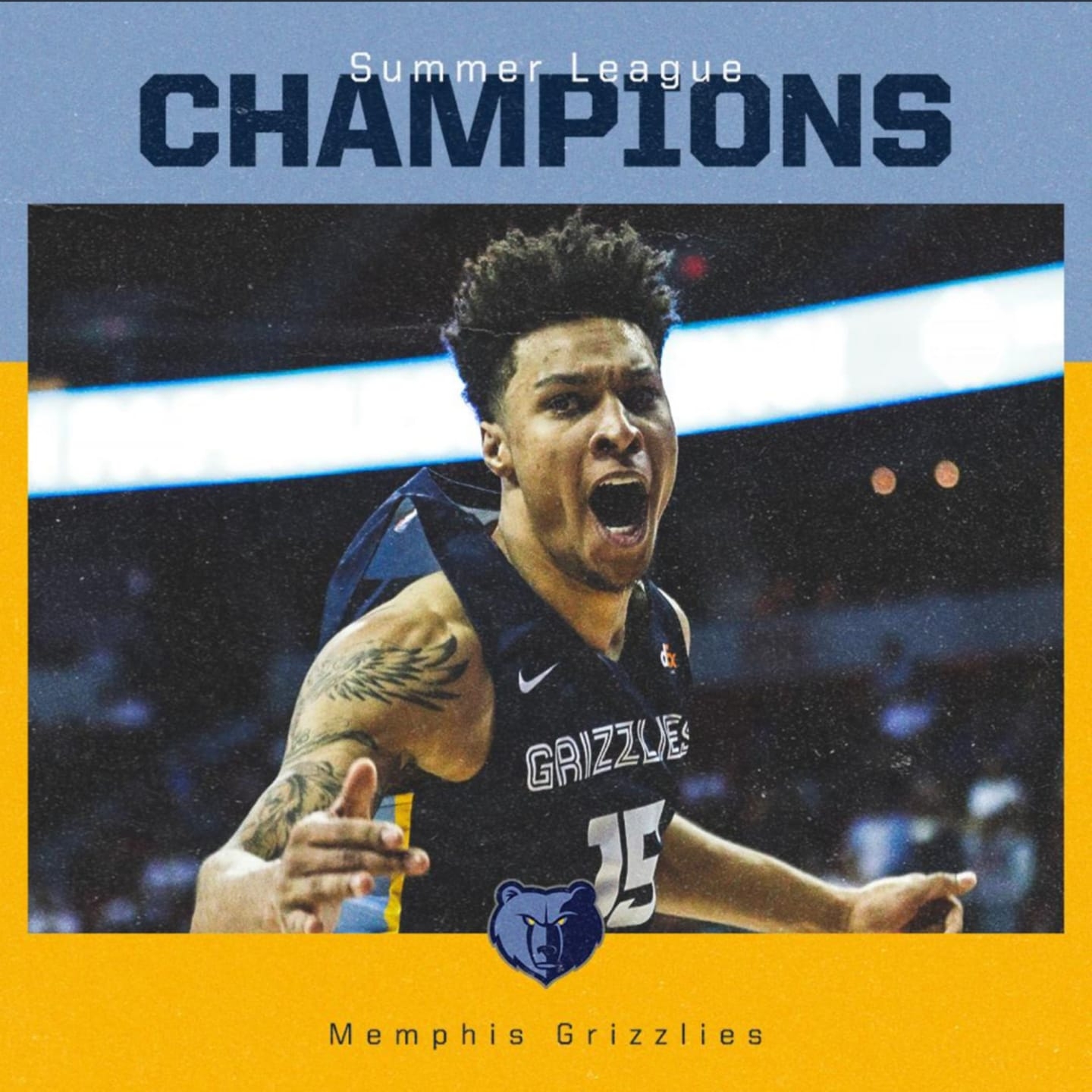 A photo of Brandon Clarke playing during a game, decorated with overlaid text and signage, posted on July 16, 2019. | Source: Facebook/Bryan Triplett