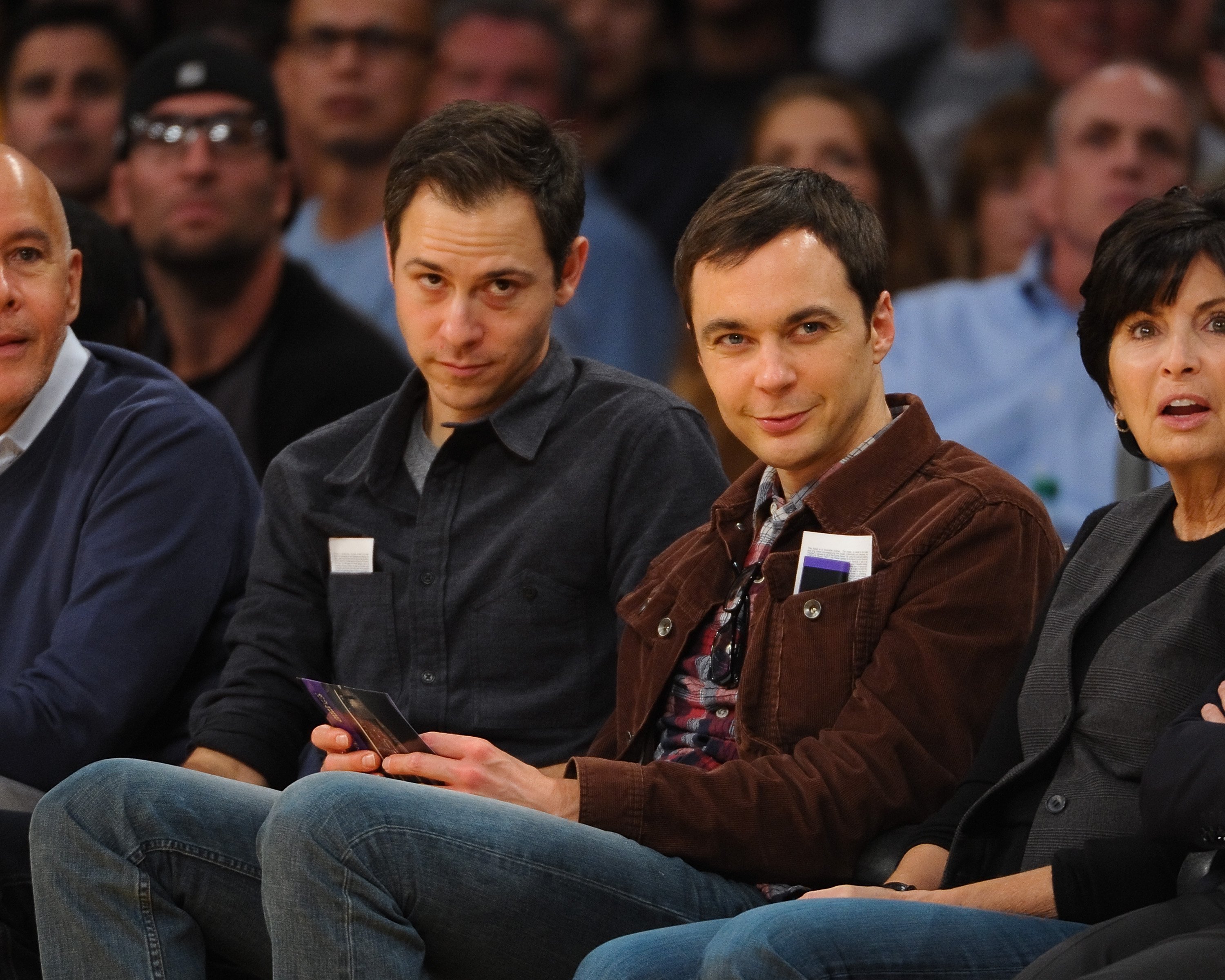 Jim Parsons and Todd Spiewak attend a basketball game at Staples Center on November 4, 2012 in Los Angeles, California. | Source: Getty Imags