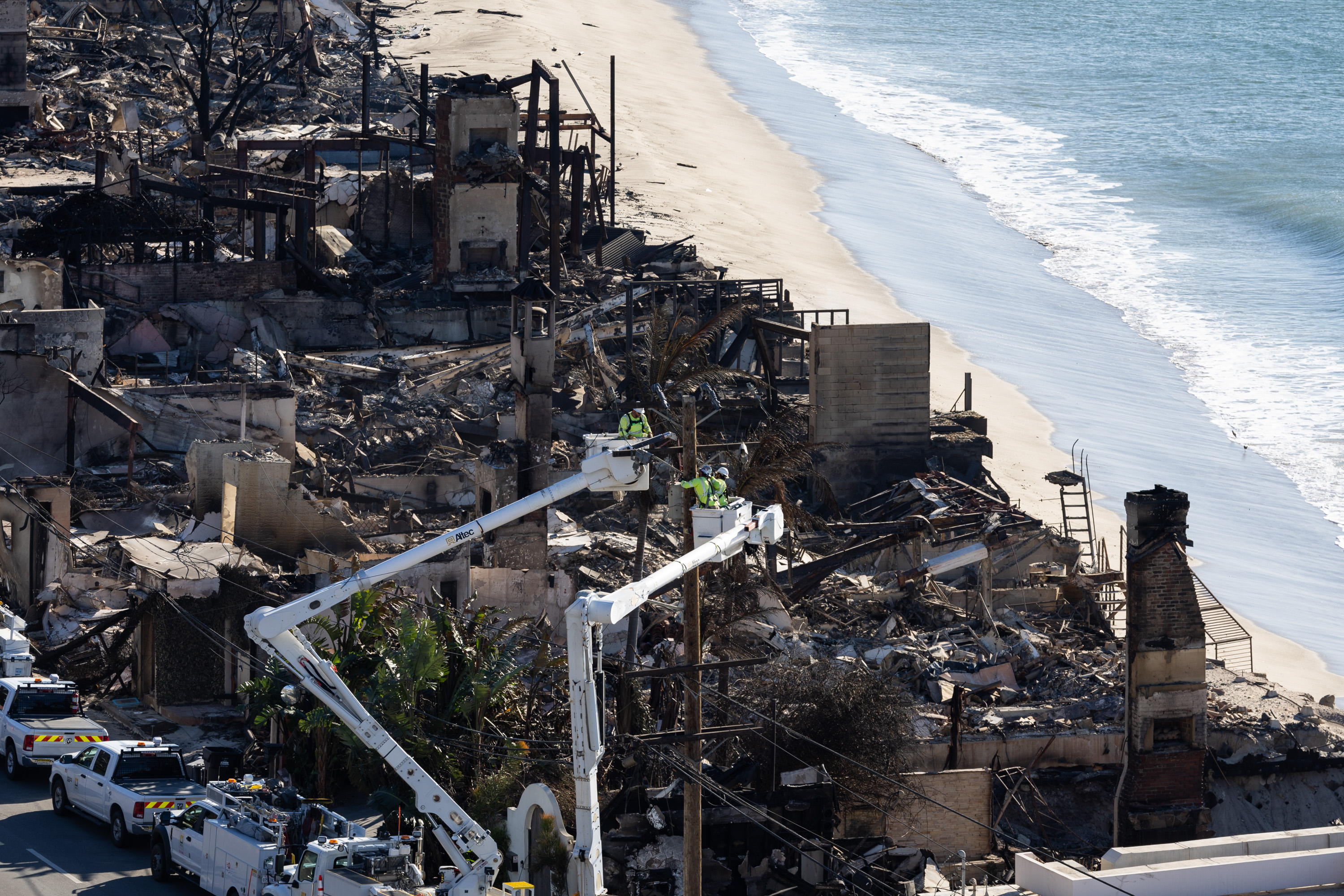 Beach front homes and structures left devastated by the wildfires in Los Angeles, California on January 12, 2025. | Source: Getty Images