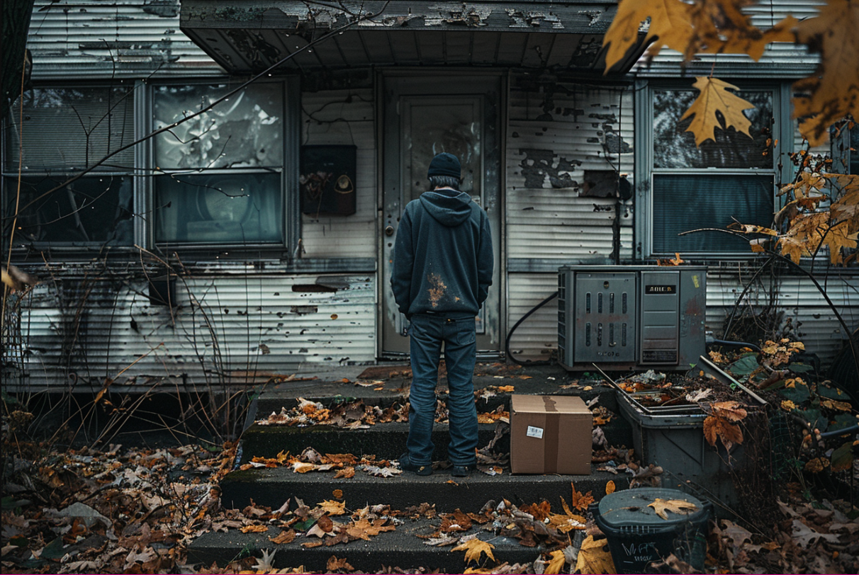 A man standing outside an old trailer | Source: Midjourney