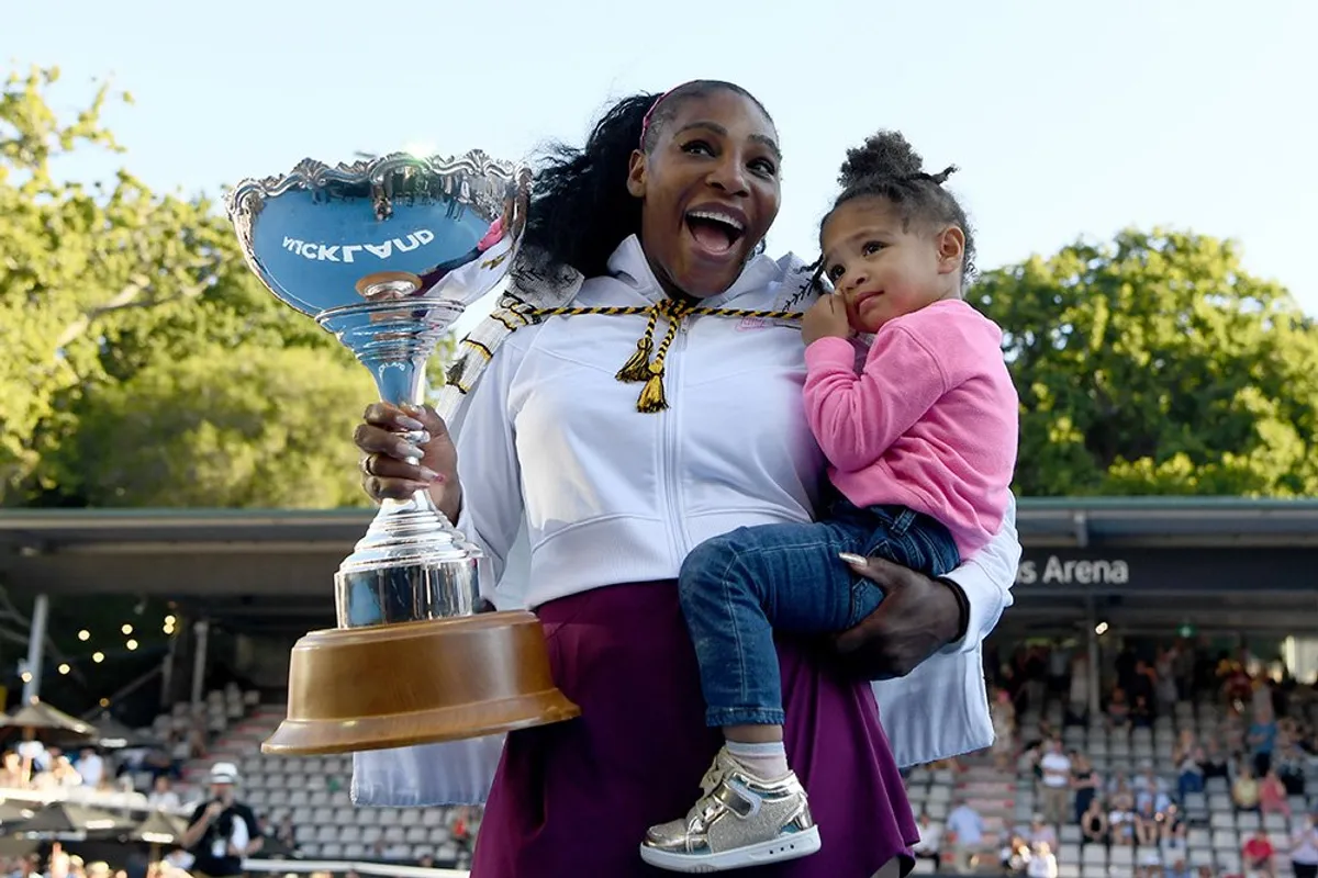Serena Williams celebrating with daughter, Olympia, after winning the final match against Jessica Pegula at ASB Tennis Centre in Auckland, New Zealand in January 2020. | Photo: Getty Images