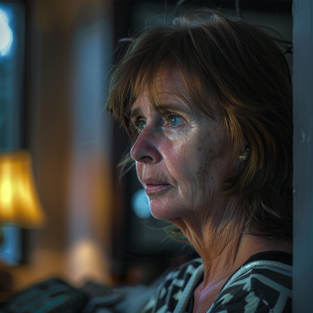 Side view of a distressed woman sitting on the couch | Source: Midjourney