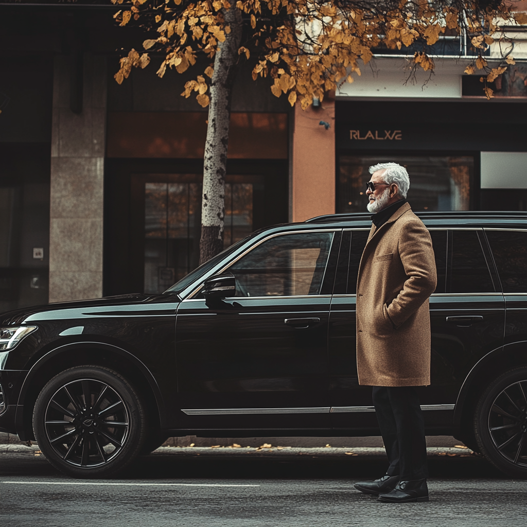 An old rich man standing next to his SUV car | Source: Midjourney