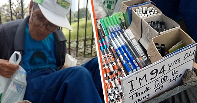 The old Filipino man [Left]. The writing instruments he sold for a living [Right]. | Photo: facebook.com/dudot.argente