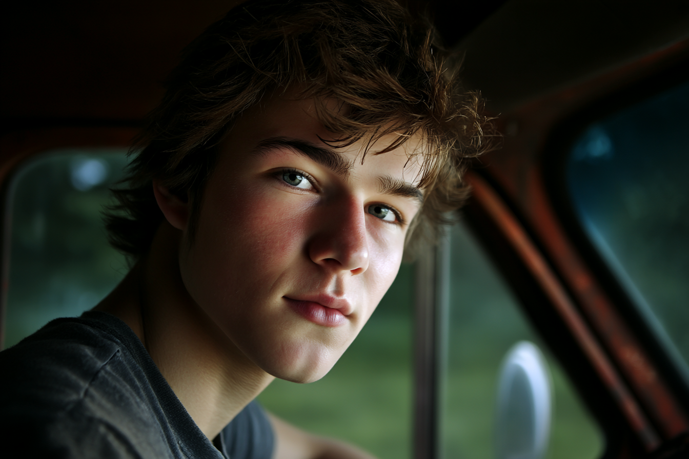 A teenage boy sitting in his car and looking sideways | Source: Midjourney