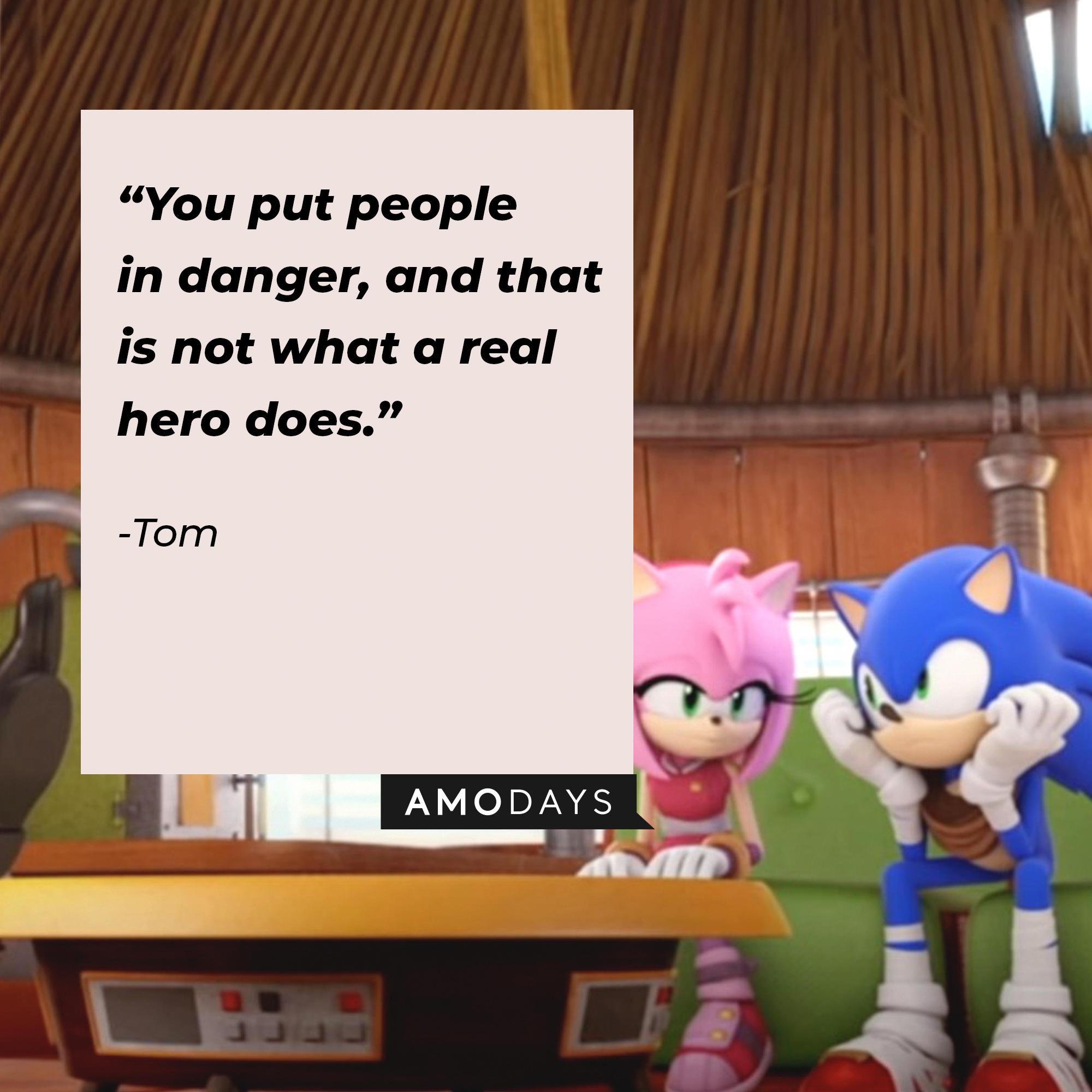 An image of Sonic and Amy Rose with Tom’s quote: “You put people in danger, and that is not what a real hero does.” | Source: youtube.com/Sonic.Boom_Official