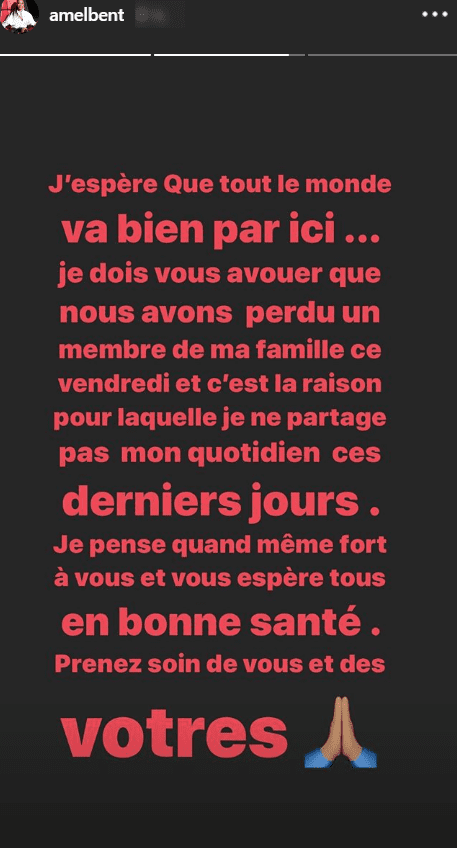Amel Bent annonce la mort de son oncle. | Photo : Story Instagram / Amel Bent Amel Bent annonce la mort de son oncle. | Photo : Story Instagram / Amel Bent