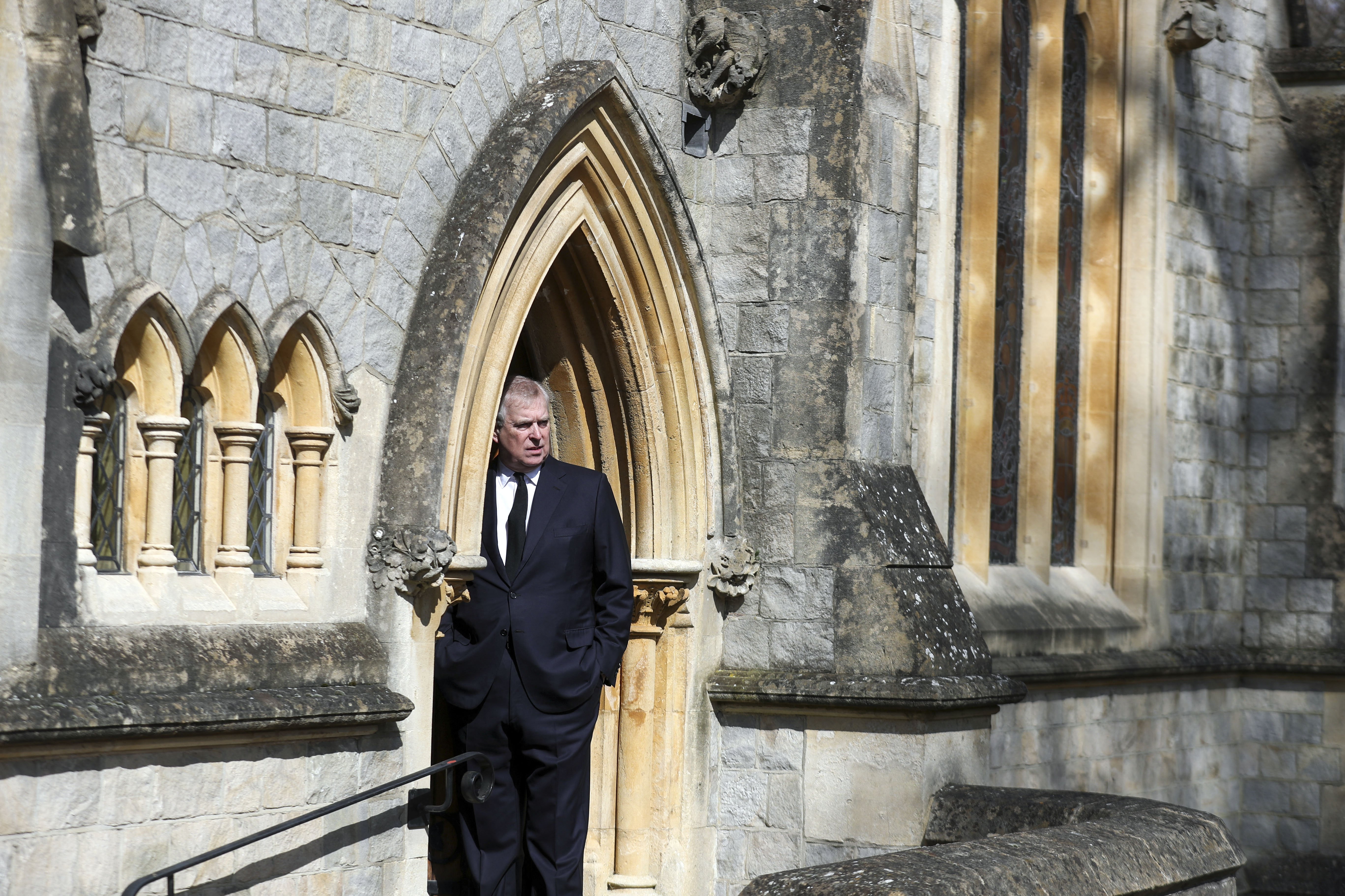 Britain's Prince Andrew, Duke of York, attends Sunday service at the Royal Chapel of All Saints, at Royal Lodge, in Windsor on April 11, 2021, two days after the death of his father Britain's Prince Philip, Duke of Edinburgh. | Source: Getty Images