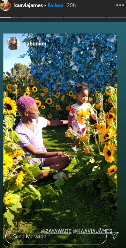Zaya and Kaavia posing in a field surrounded by sunflowers and colorful blue leaves. | Photo: Instagram / kaaviajames