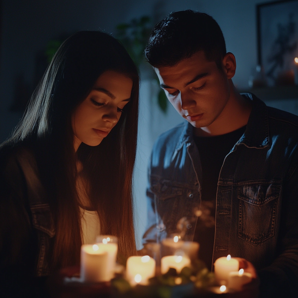 scared couple staring at a photo surrounded by candles | Source: Midjourney