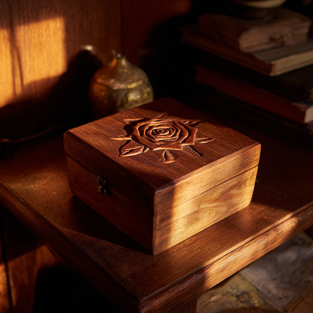 A small wooden box on a nightstand | Source: Midjourney