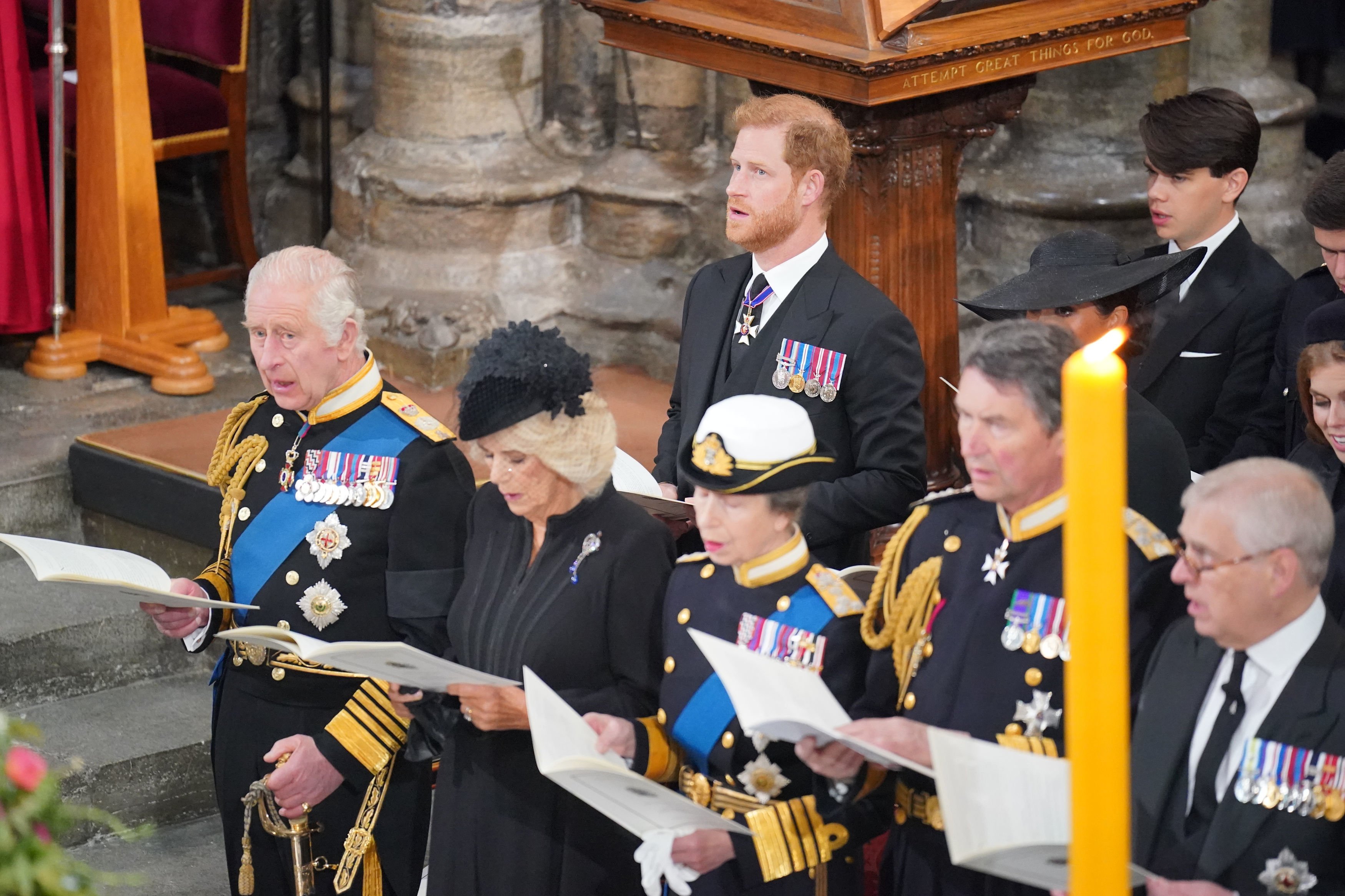 King Charles III, Camilla, Queen Consort, Princess Anne, Princess Royal, Prince Harry, Duke of Sussex, and Meghan, Duchess of Sussex, during the State Funeral of Queen Elizabeth II at Westminster Abbey on September 19, 2022, in London, England. | Source: Getty Images