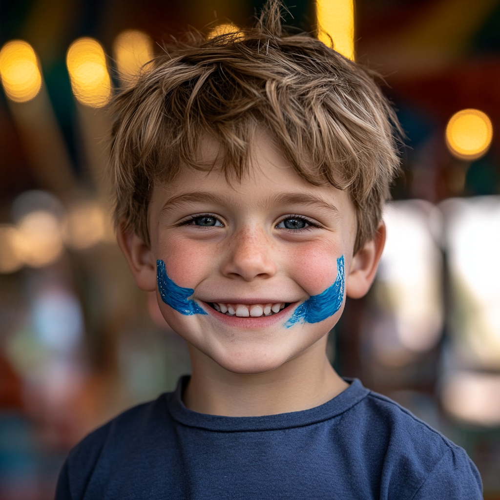 A happy little boy with blue paint streaked across his cheeks | Source: Midjourney