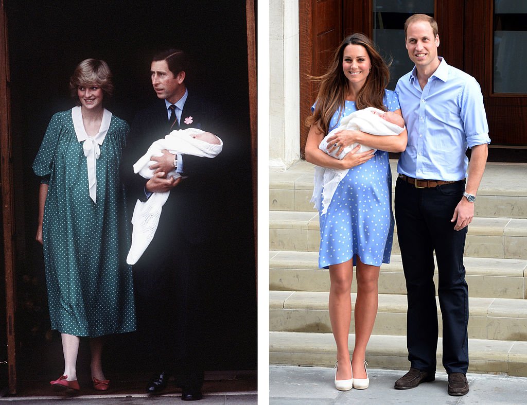 A comparison photo between Princess Diana and Prince Charles wth baby William onJune 22 1982 [Left] and Prince William, Kate Middleton with Prince George on April 23, 2018 [Right] both outside the Lindo Wing of St. Mary's Hospital in London England  | Source: Getty Images