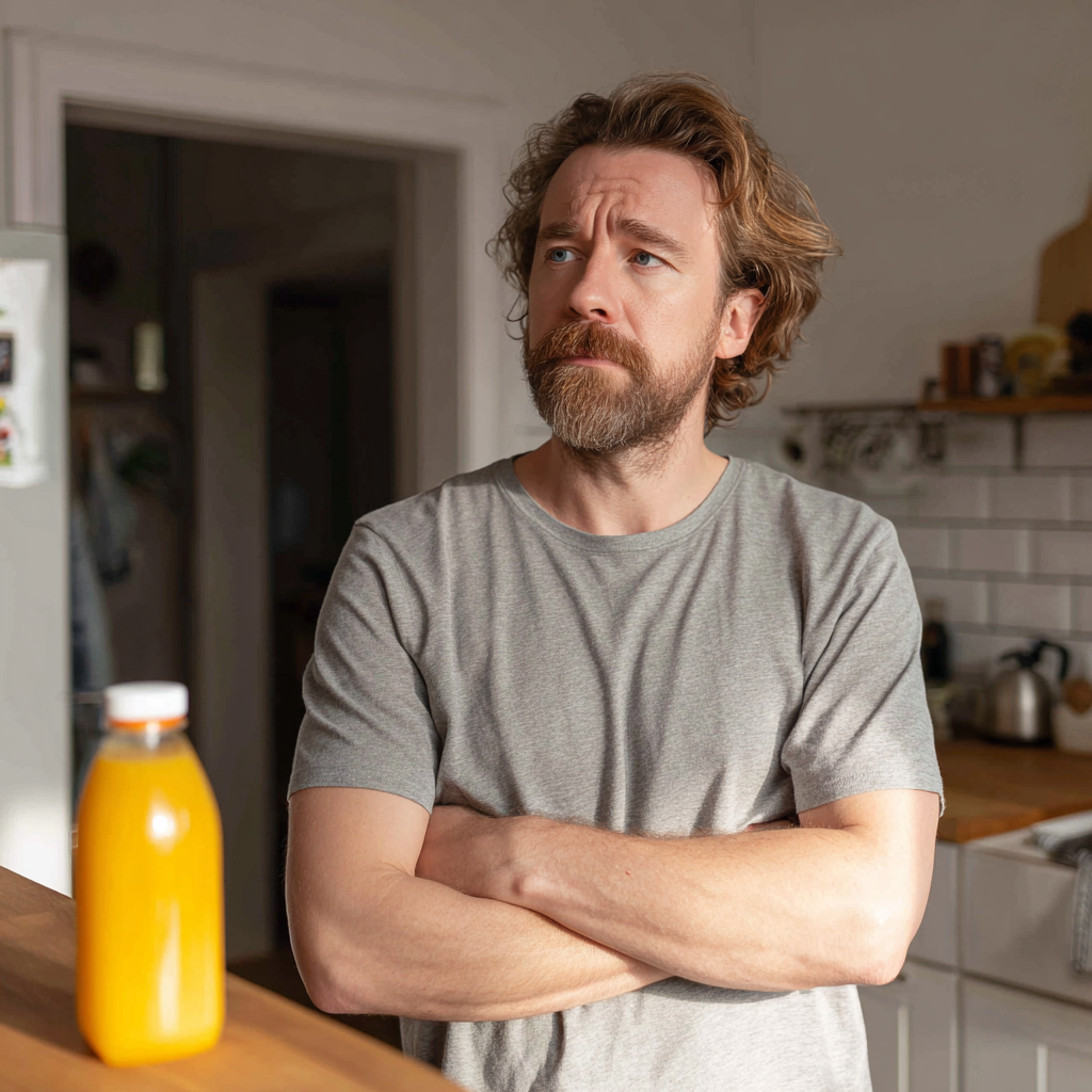 A frowning man standing in a kitchen | Source: Midjourney